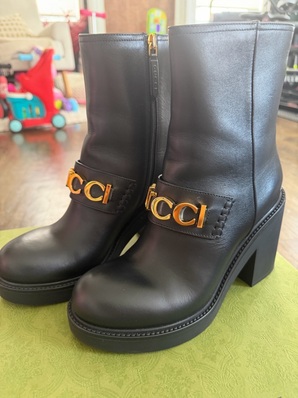 Gucci Black Leather Block Heel Boots with Gold Logo